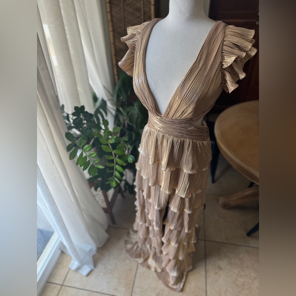 Mac Duggal Gold Ruffle Maxi Dress Size 8 Metallic Pleated Slit Gown NWT - Picture 4 of 11